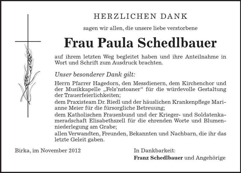 Traueranzeige Paula Schedlbauer