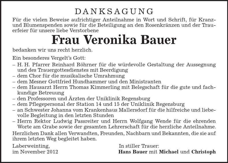 Traueranzeige Veronika Bauer