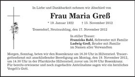 Traueranzeige Maria Greß