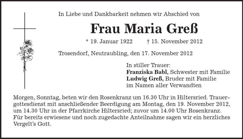 Traueranzeige Maria Greß
