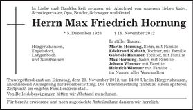 Traueranzeige Max Friedrich Hornung