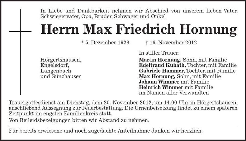 Traueranzeige Max Friedrich Hornung