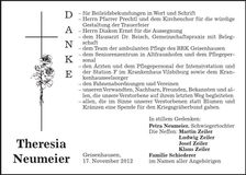 Traueranzeige Theresia Neumeier