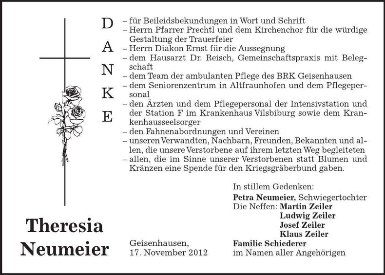 Traueranzeige Theresia Neumeier