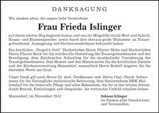 Traueranzeige Frieda Islinger