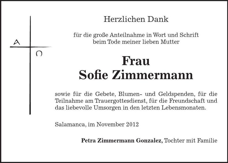 Traueranzeige Sofie Zimmermann