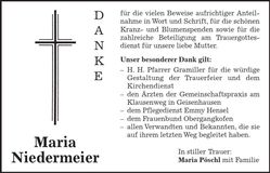 Traueranzeige Maria Niedermeier
