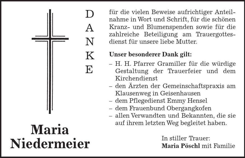 Traueranzeige Maria Niedermeier