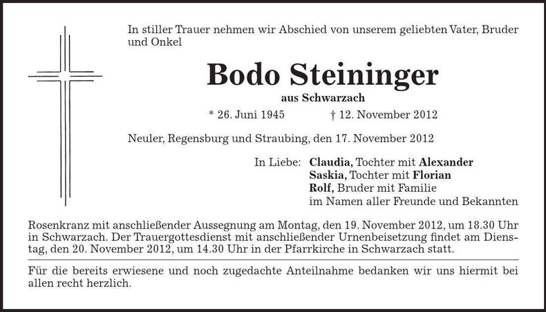 Traueranzeige Bodo Steininger
