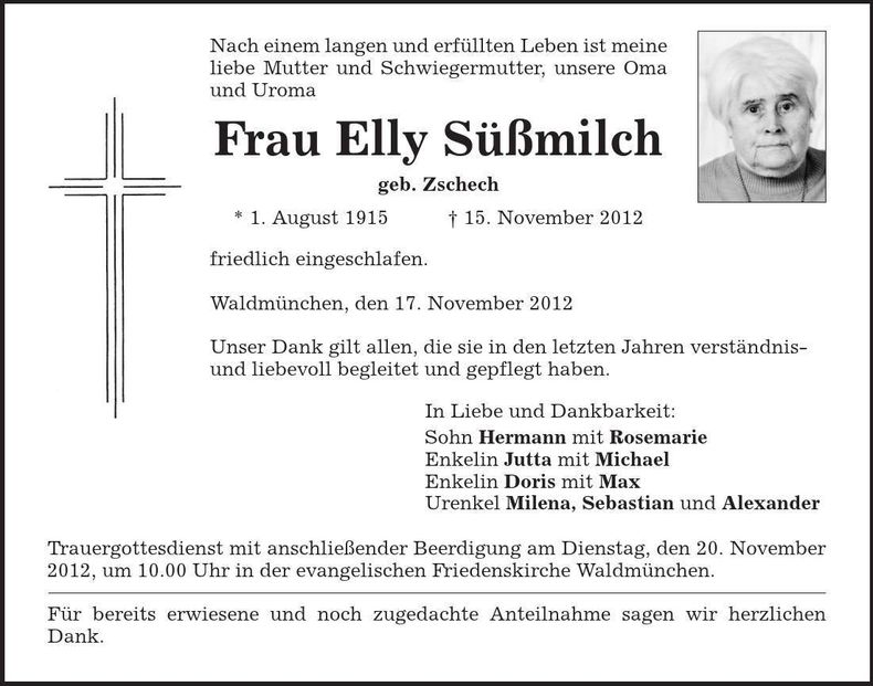 Traueranzeige Elly Süßmilch