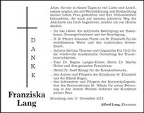 Traueranzeige Franziska Lang