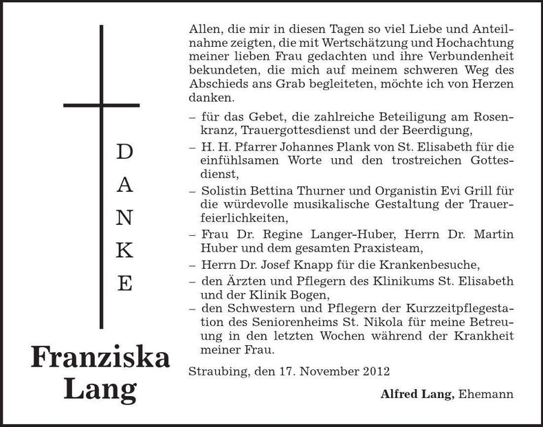 Traueranzeige Franziska Lang