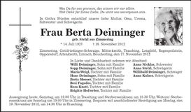 Traueranzeige Berta Deiminger