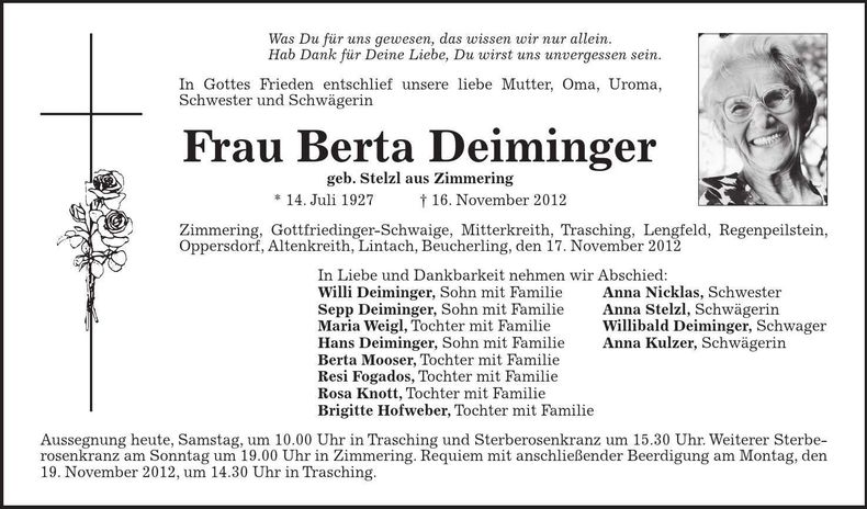 Traueranzeige Berta Deiminger