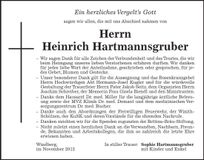 Traueranzeige Heinrich Hartmannsgruber