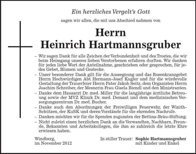 Traueranzeige Heinrich Hartmannsgruber