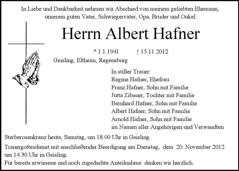 Traueranzeige Albert Hafner