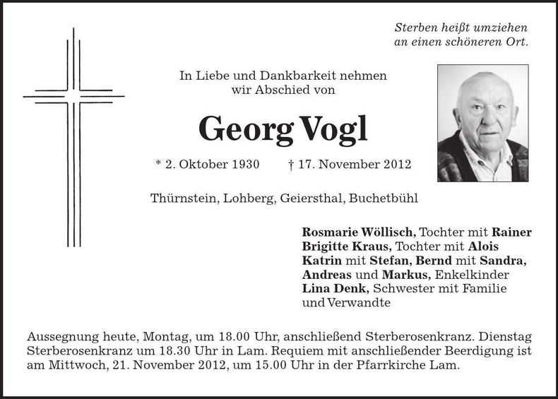 Traueranzeige Georg Vogl