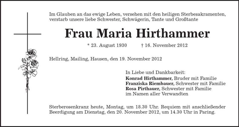 Traueranzeige Maria Hirthammer