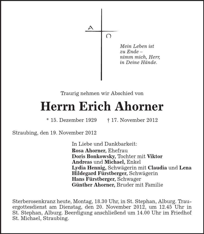 Traueranzeige Erich Ahorner