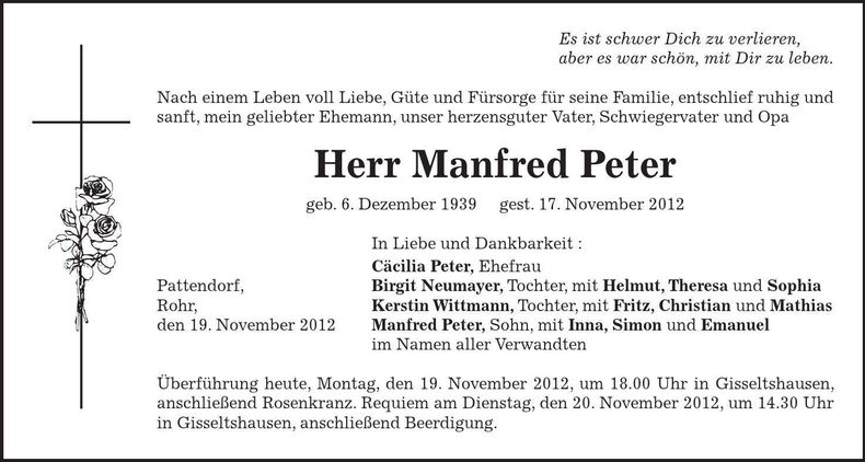 Traueranzeige Manfred Peter