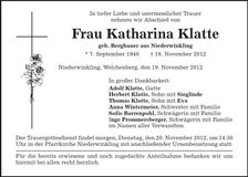 Traueranzeige Katharina Klatte
