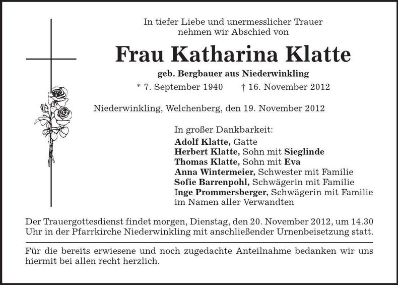Traueranzeige Katharina Klatte