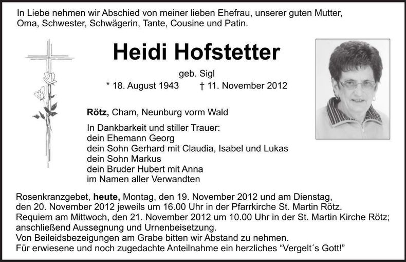 Traueranzeige Heidi Hofstetter