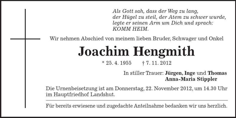 Traueranzeige Joachim Hengmith