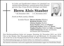 Traueranzeige Alois Stauber