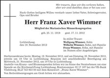 Traueranzeige Franz Xaver Wimmer