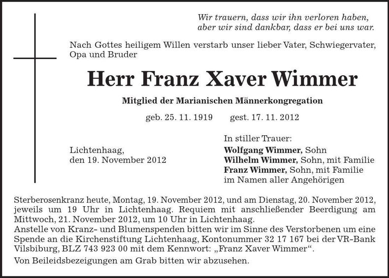 Traueranzeige Franz Xaver Wimmer