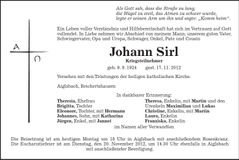 Traueranzeige Johann Sirl