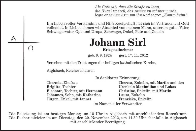 Traueranzeige Johann Sirl