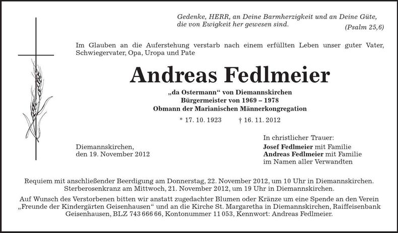 Traueranzeige Andreas Fedlmeier