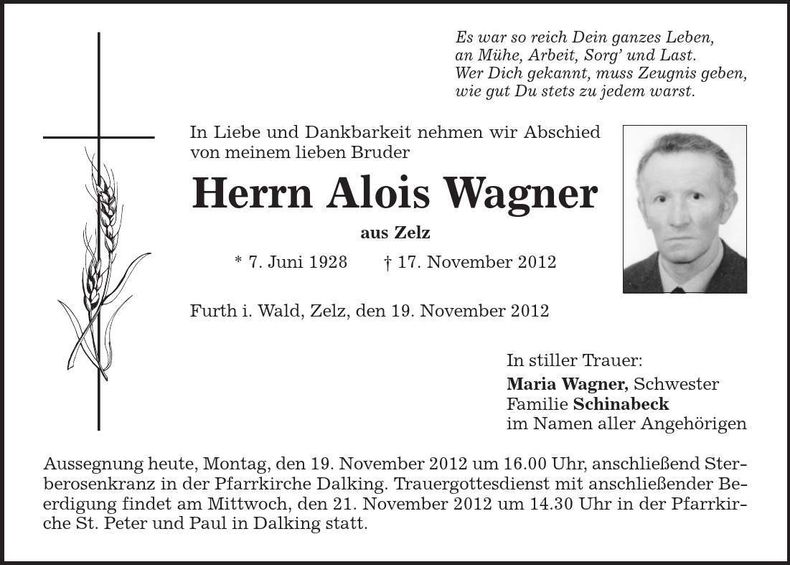 Traueranzeige Alois Wagner