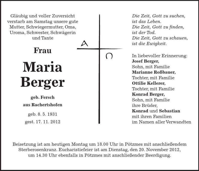 Traueranzeige Maria Berger