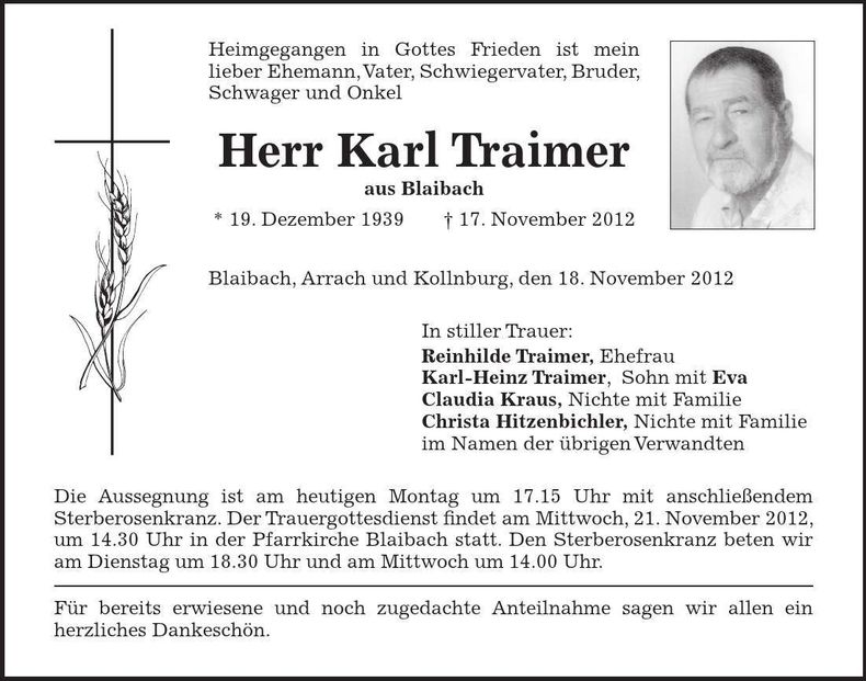 Traueranzeige Karl Traimer
