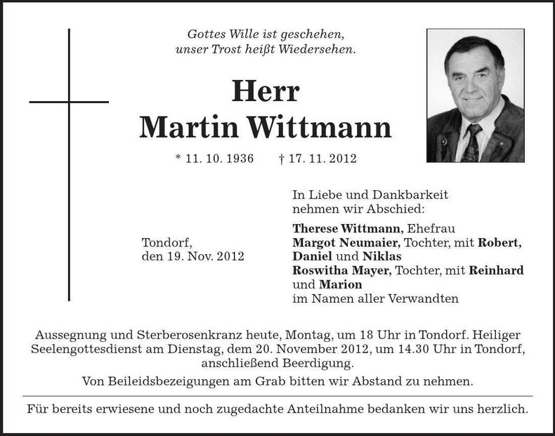 Traueranzeige Martin Wittmann