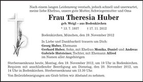 Traueranzeige Theresia Huber