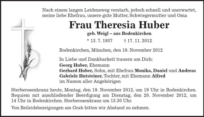 Traueranzeige Theresia Huber