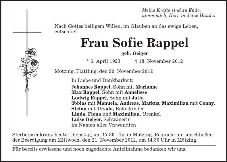 Traueranzeige Sofie Rappel