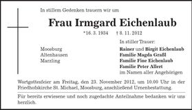 Traueranzeige Irmgard Eichenlaub