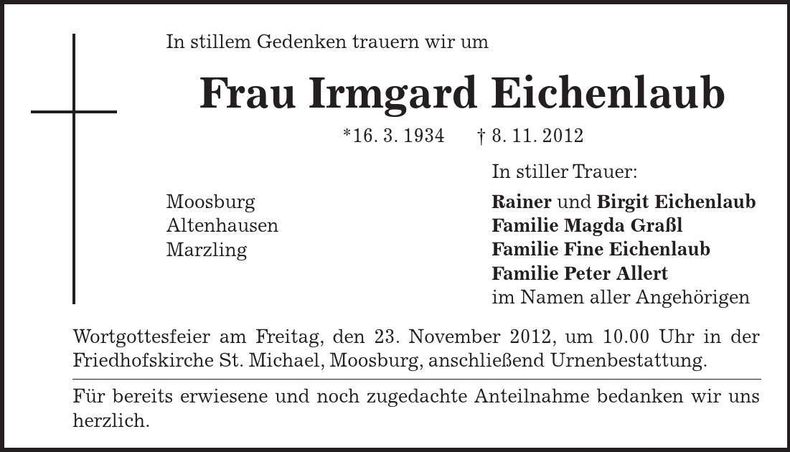 Traueranzeige Irmgard Eichenlaub
