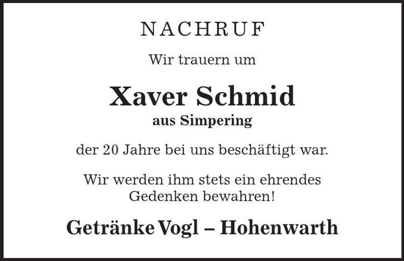Traueranzeige Xaver Schmid