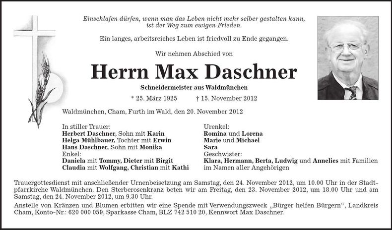 Traueranzeige Max Daschner