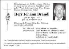 Traueranzeige Johann Brandl