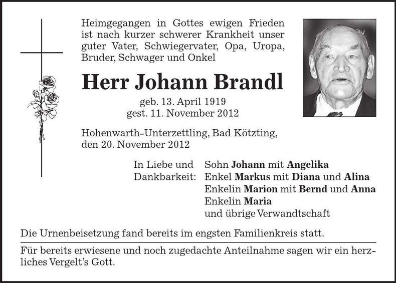 Traueranzeige Johann Brandl