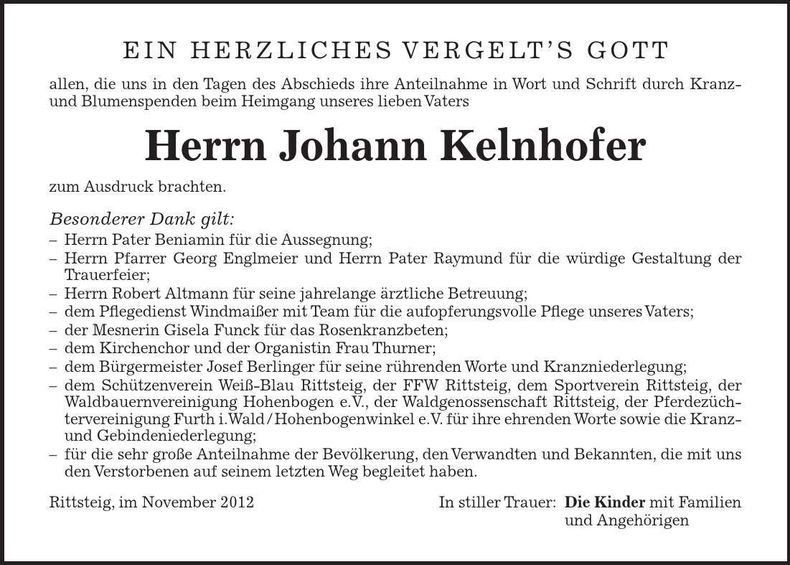 Traueranzeige Johann Kelnhofer