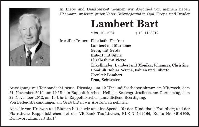 Traueranzeige Lambert Bart
